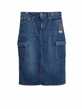 DKNY Denim Cargo Midi Skirt Size 12 High Rise Blue Utility Pockets Streetwear